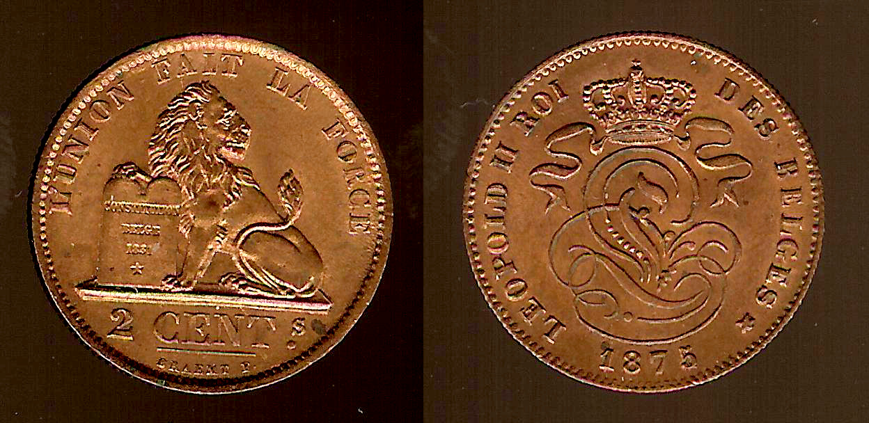 BELGIQUE 2 Centimes lion monogramme de Léopold II 1875 SPL+